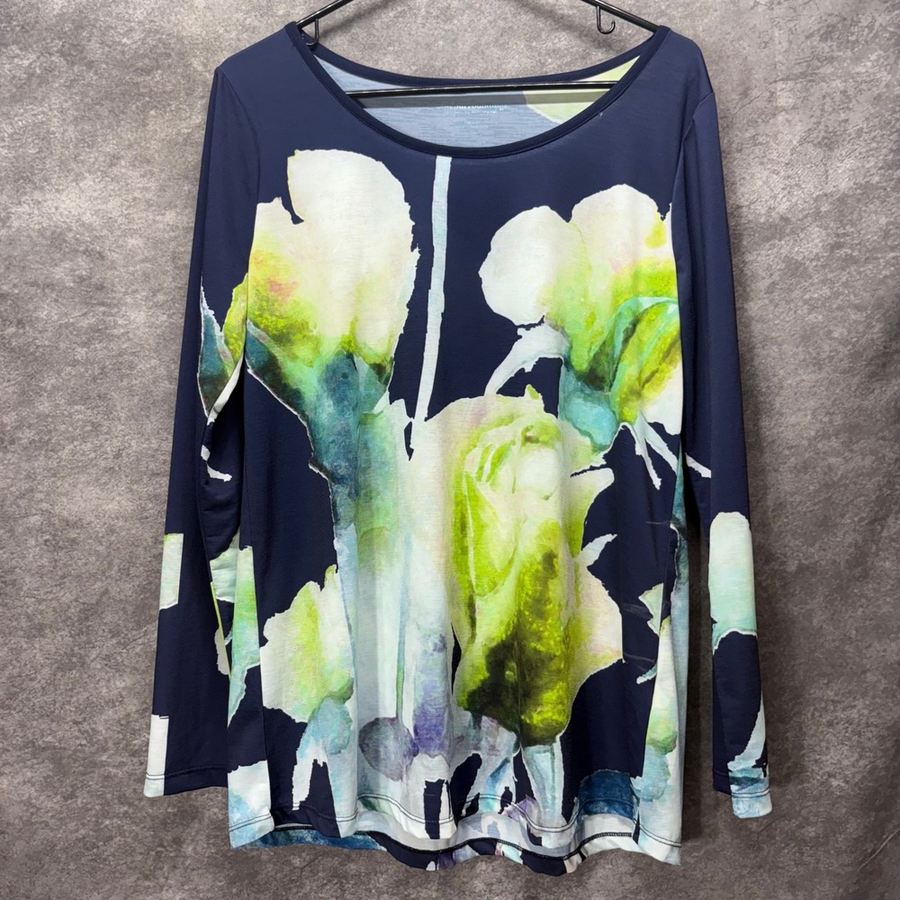 Soft Surroundings Camellia Bloom Abstract Floral Top Womens M Navy Long Sleeve